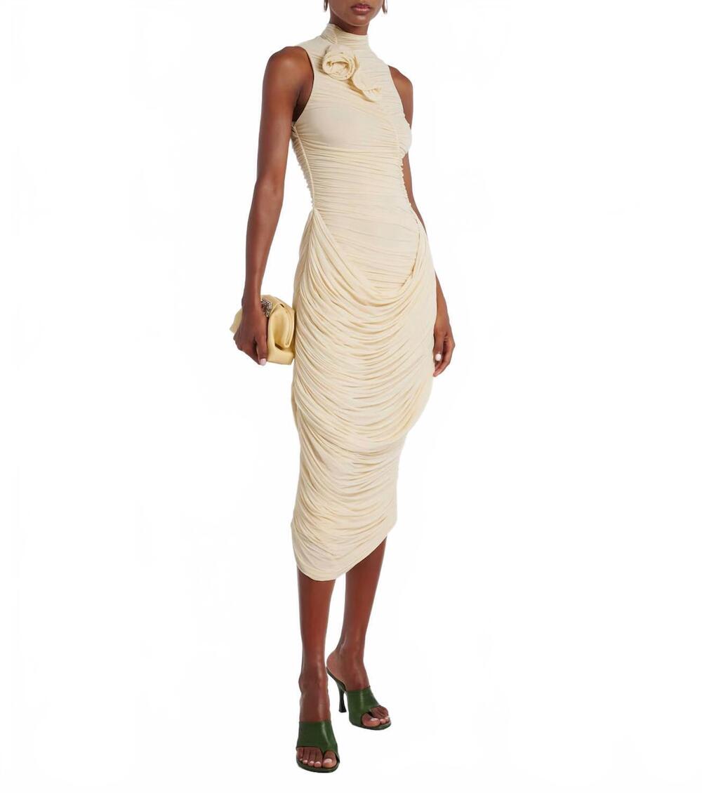 NEW MAGDA BUTRYM the floral applique ruched dress in beige